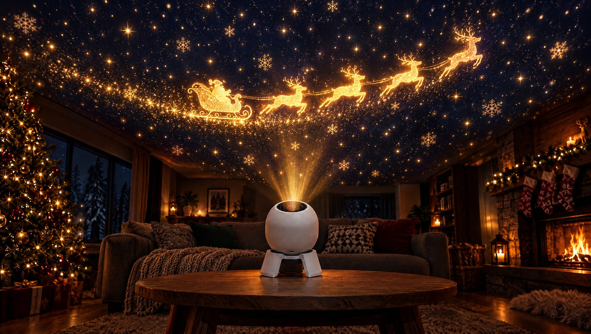 Santa's sleigh scene on a living room ceiling (illustration)