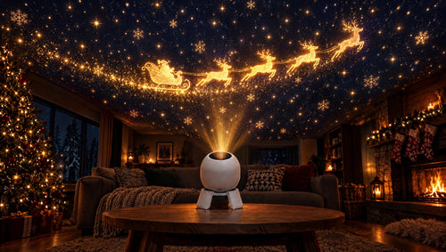 Santa's sleigh scene on a living room ceiling (illustration)