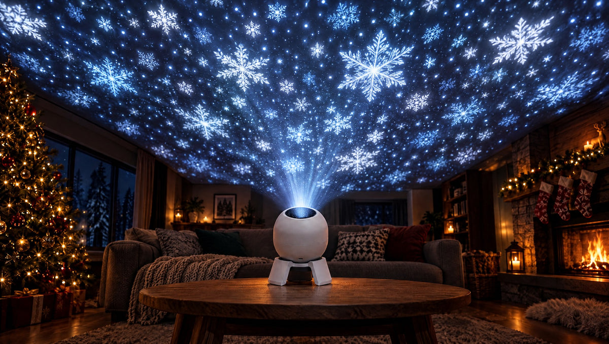 Snowfall scene on a living room ceiling (illustration)